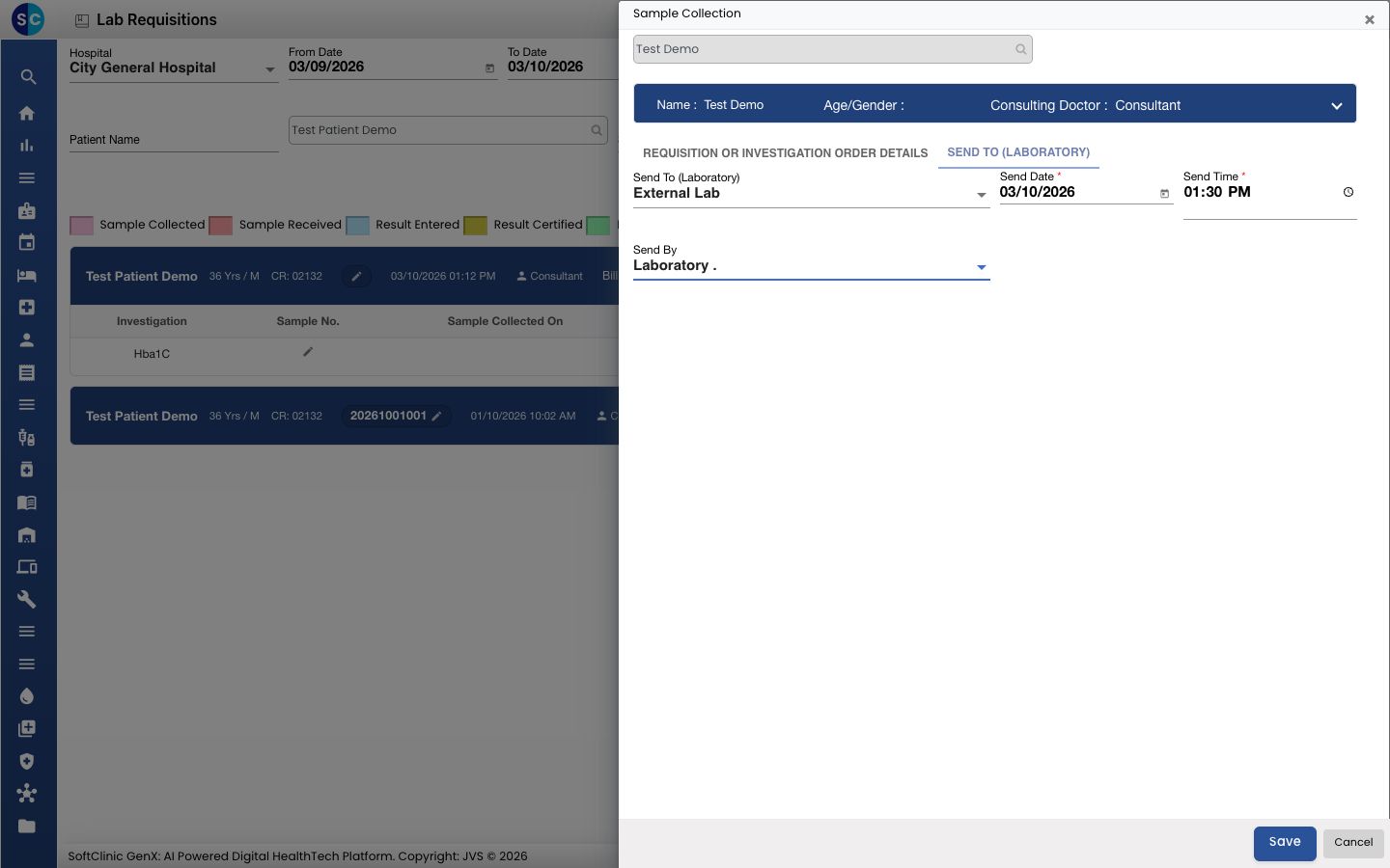 The SEND TO (LABORATORY) tab filled in with the outside lab, date, time and sender