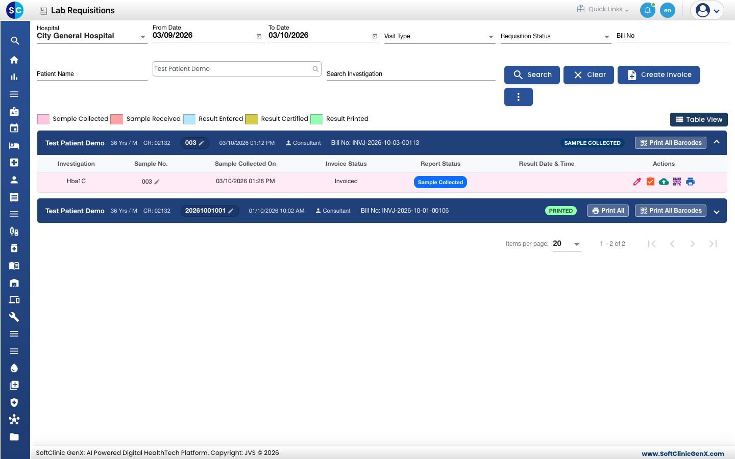 The test line after saving, with the Outsource Report icon among the actions
