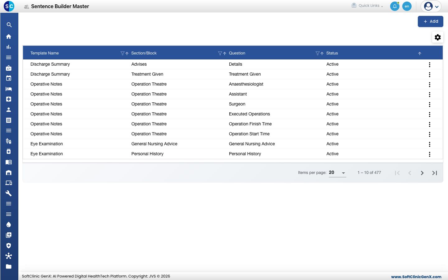 The Sentence Builder list with template names, sections, questions and status