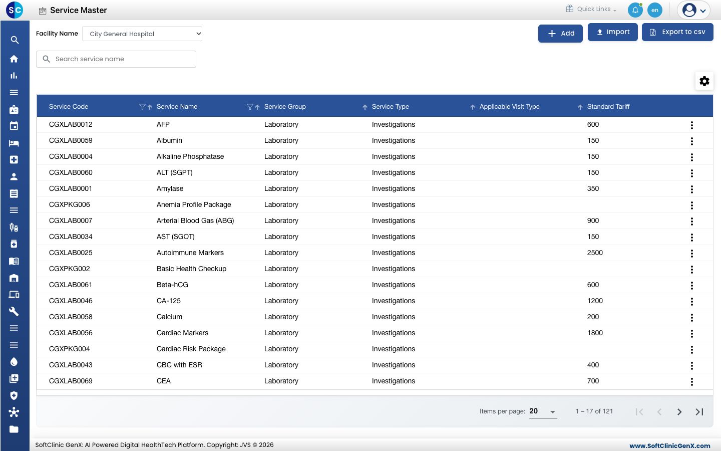The Service list for a facility, with service code, name, group, type and standard tariff