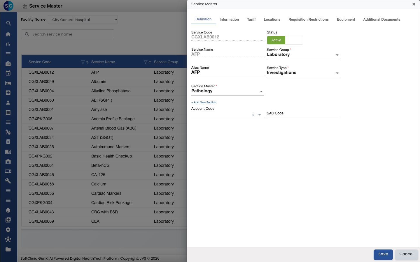 The full service form on the Definition tab