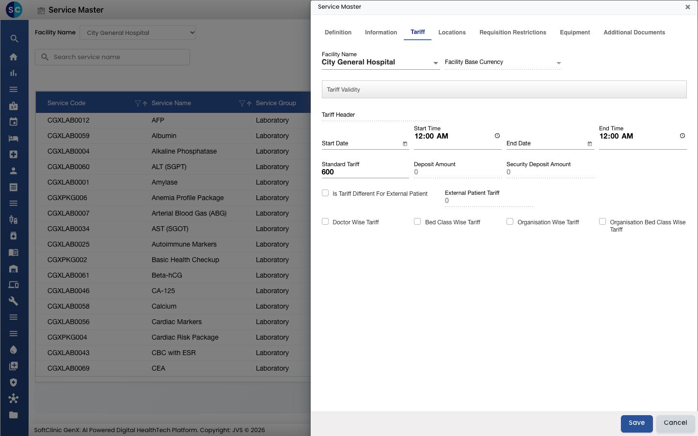 The Tariff tab with Standard Tariff and the tariff options