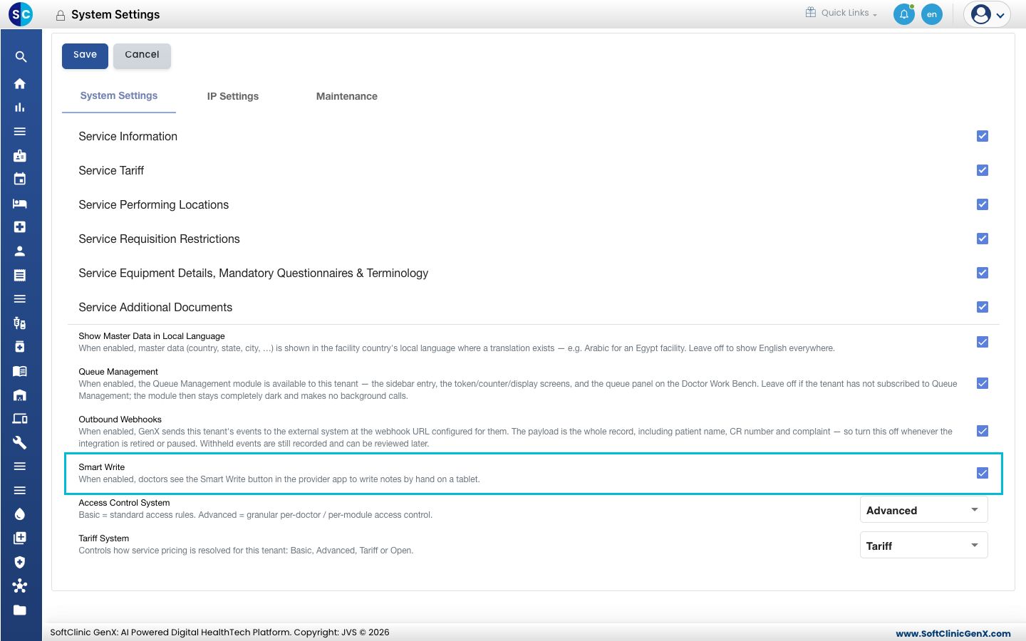System Settings with the Smart Write switch ticked