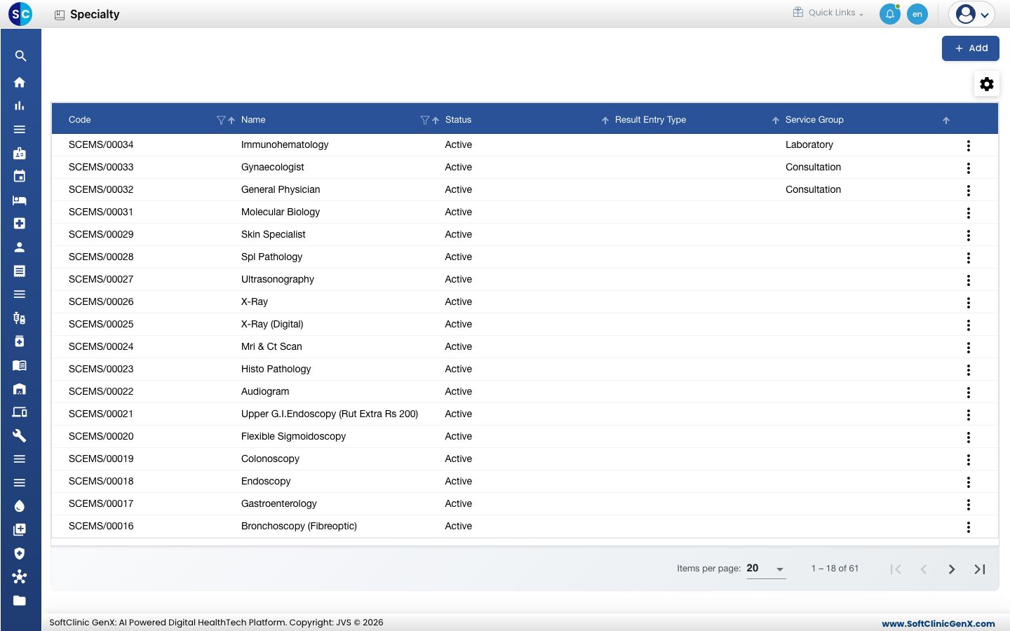 The Specialty list with codes, names, status, result entry type and service group