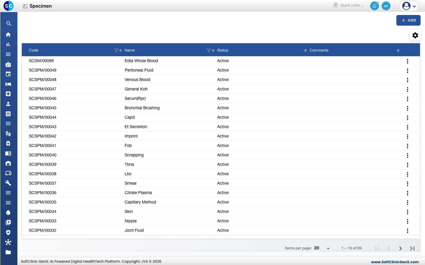The Specimen list with code, name, status and comments