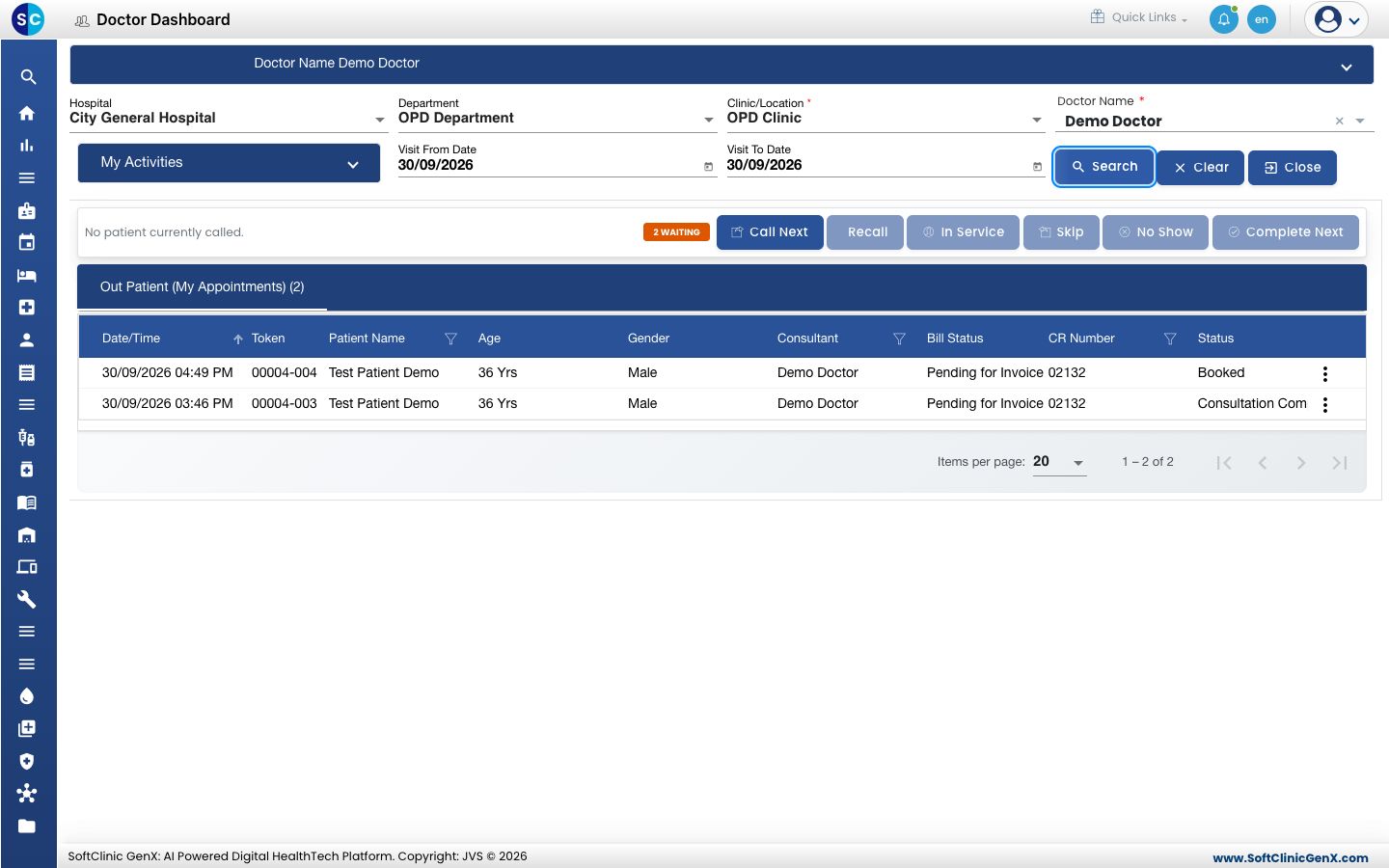 Doctor Dashboard listing the day's patients with token and status