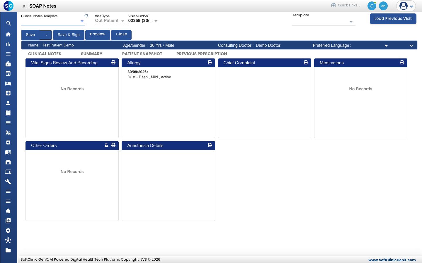 A new SOAP note with the patient bar, the tabs and the empty sections