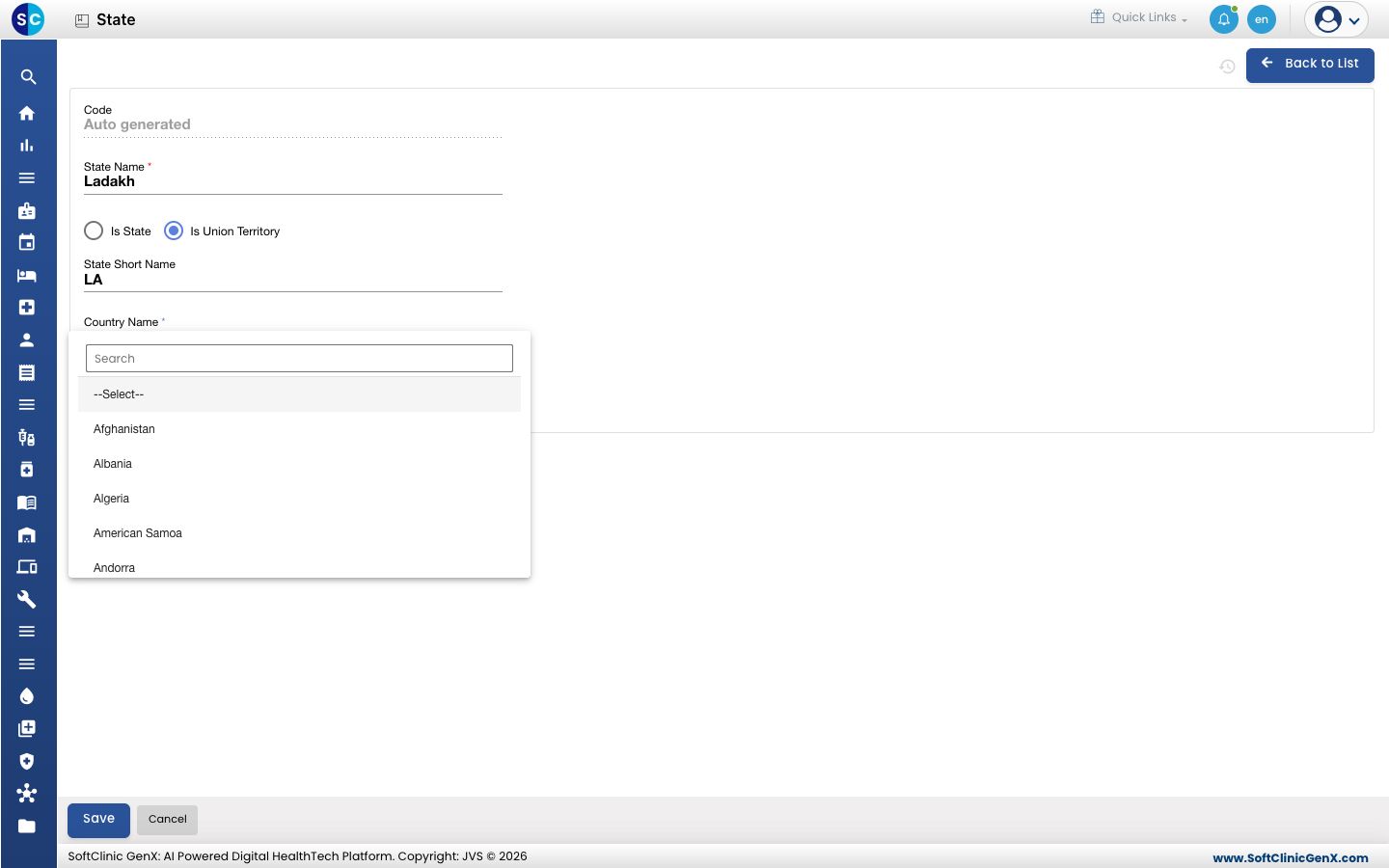 The state form with the Country Name list open and its Search box