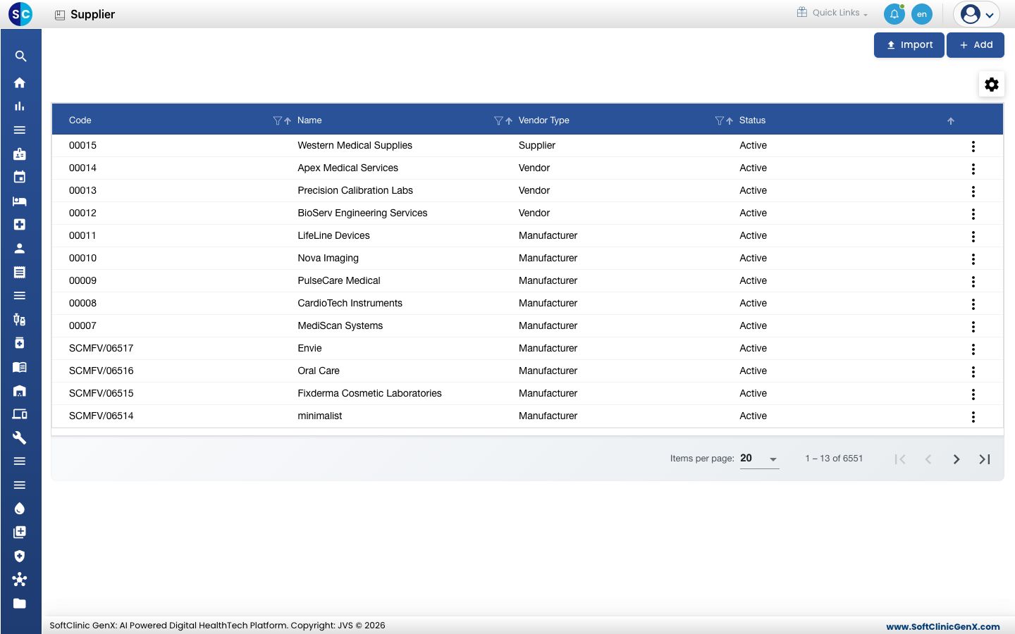 The Supplier list with code, name, vendor type and status