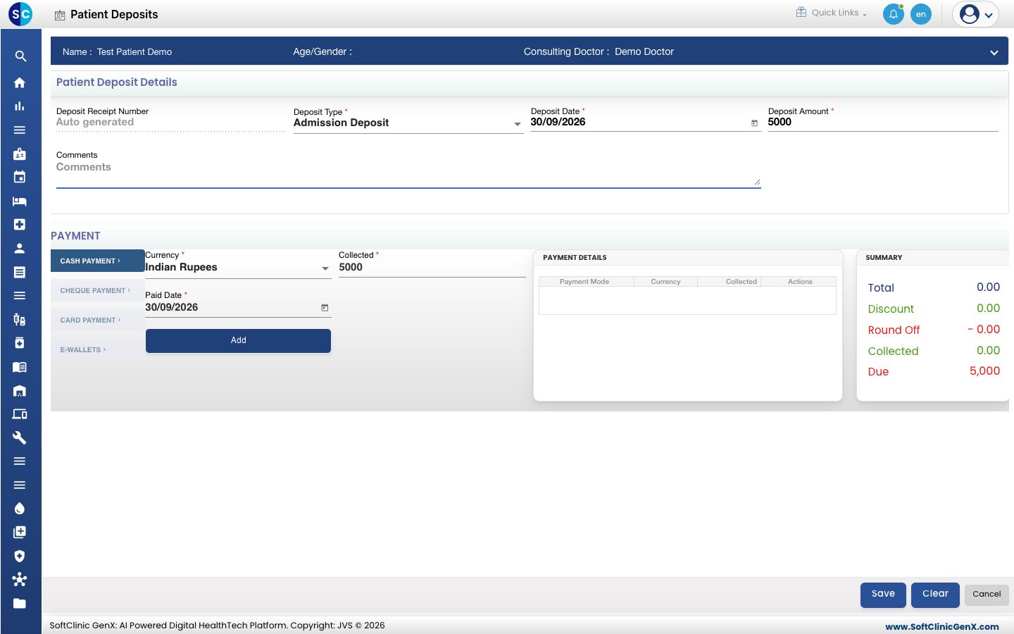 The Patient Deposits form for an admitted patient