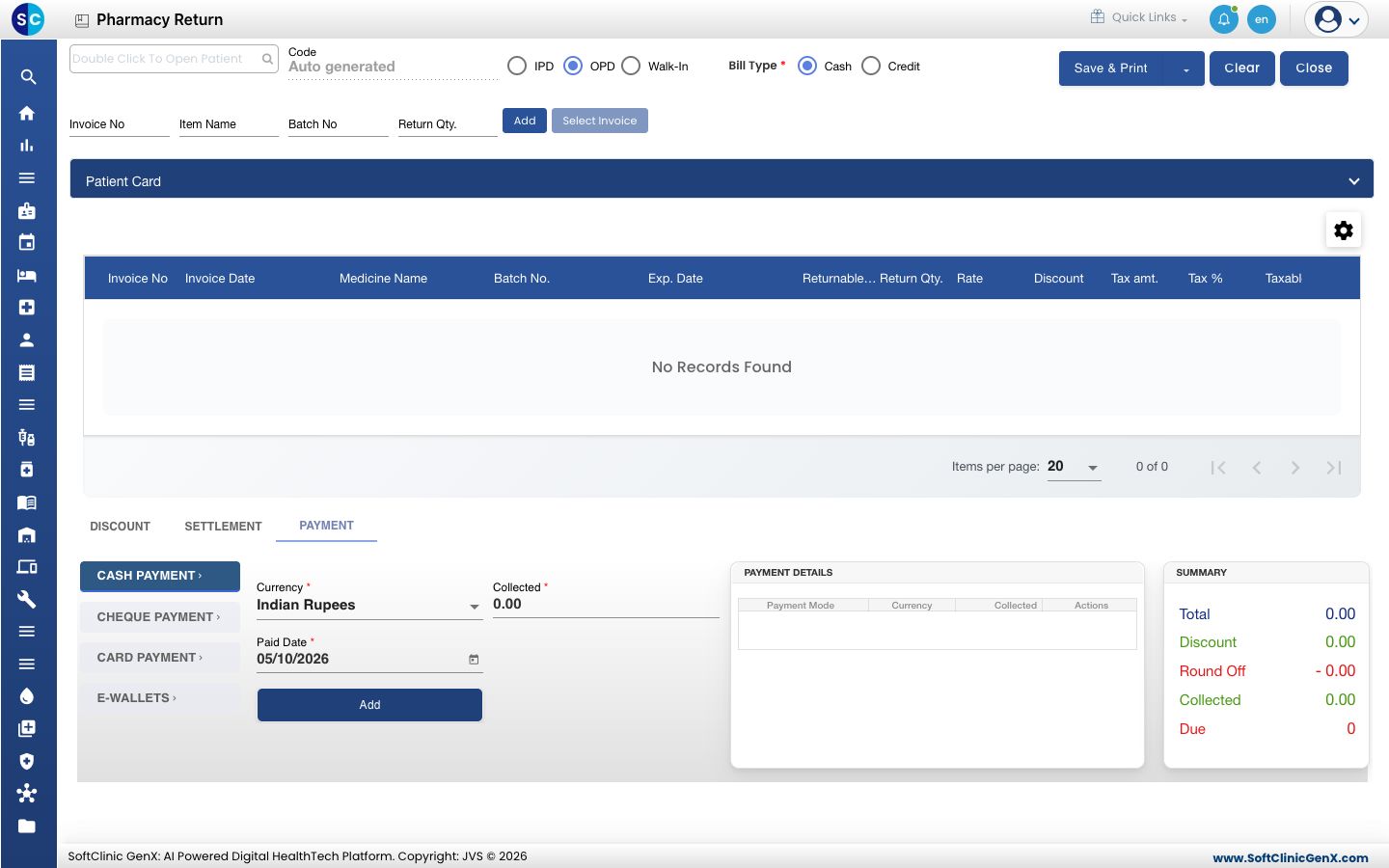 The empty Pharmacy Return screen