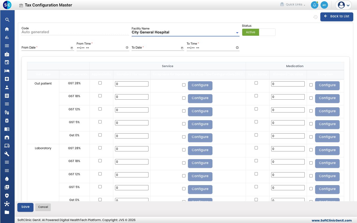 The tax configuration form with the tax grid