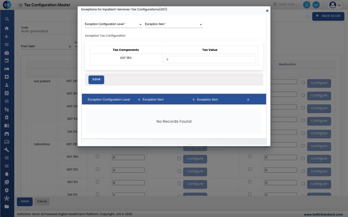The exceptions window with Exception Configuration Level, Exception Item and Tax Value