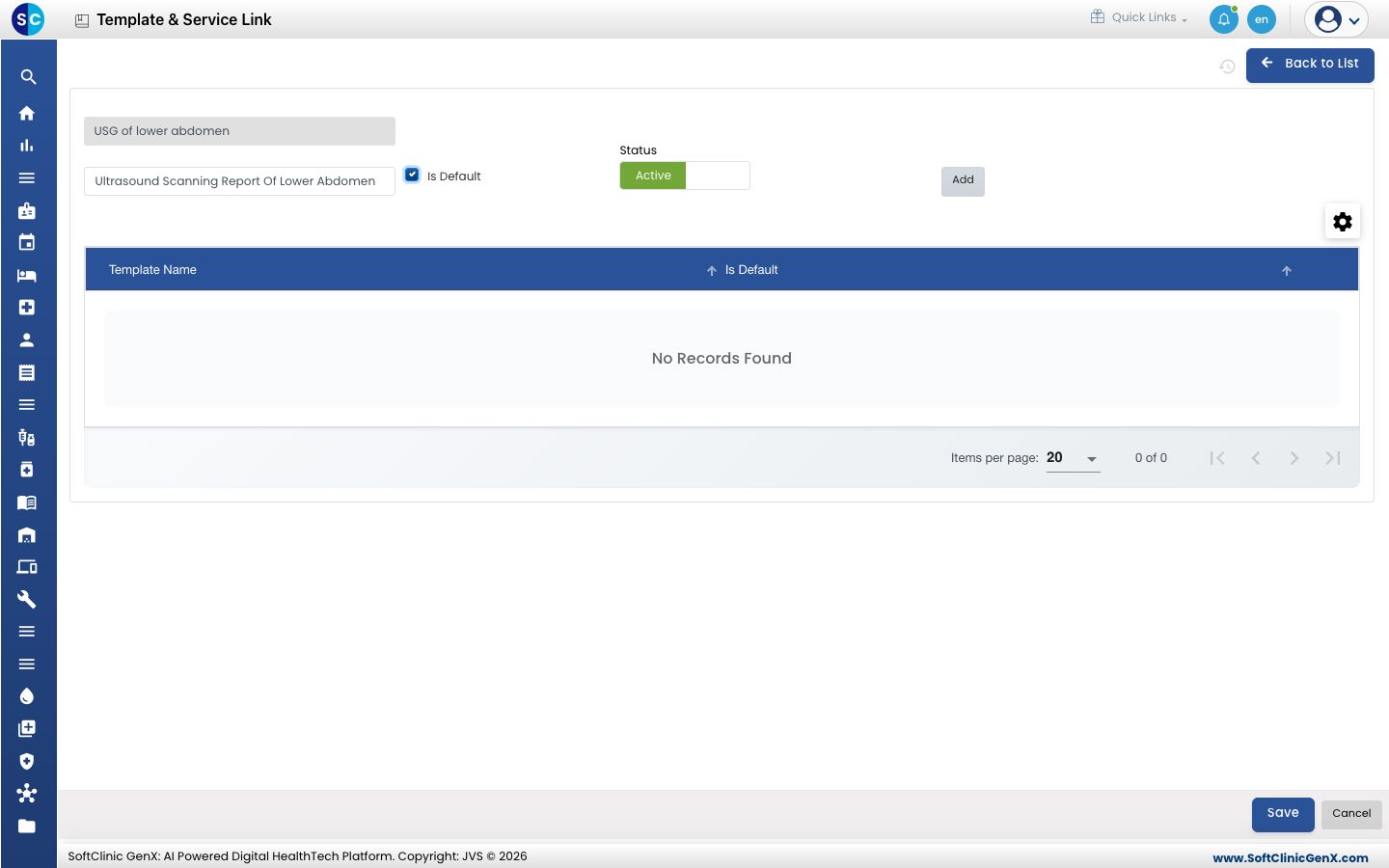 A service picked, with a template chosen and Is Default ticked