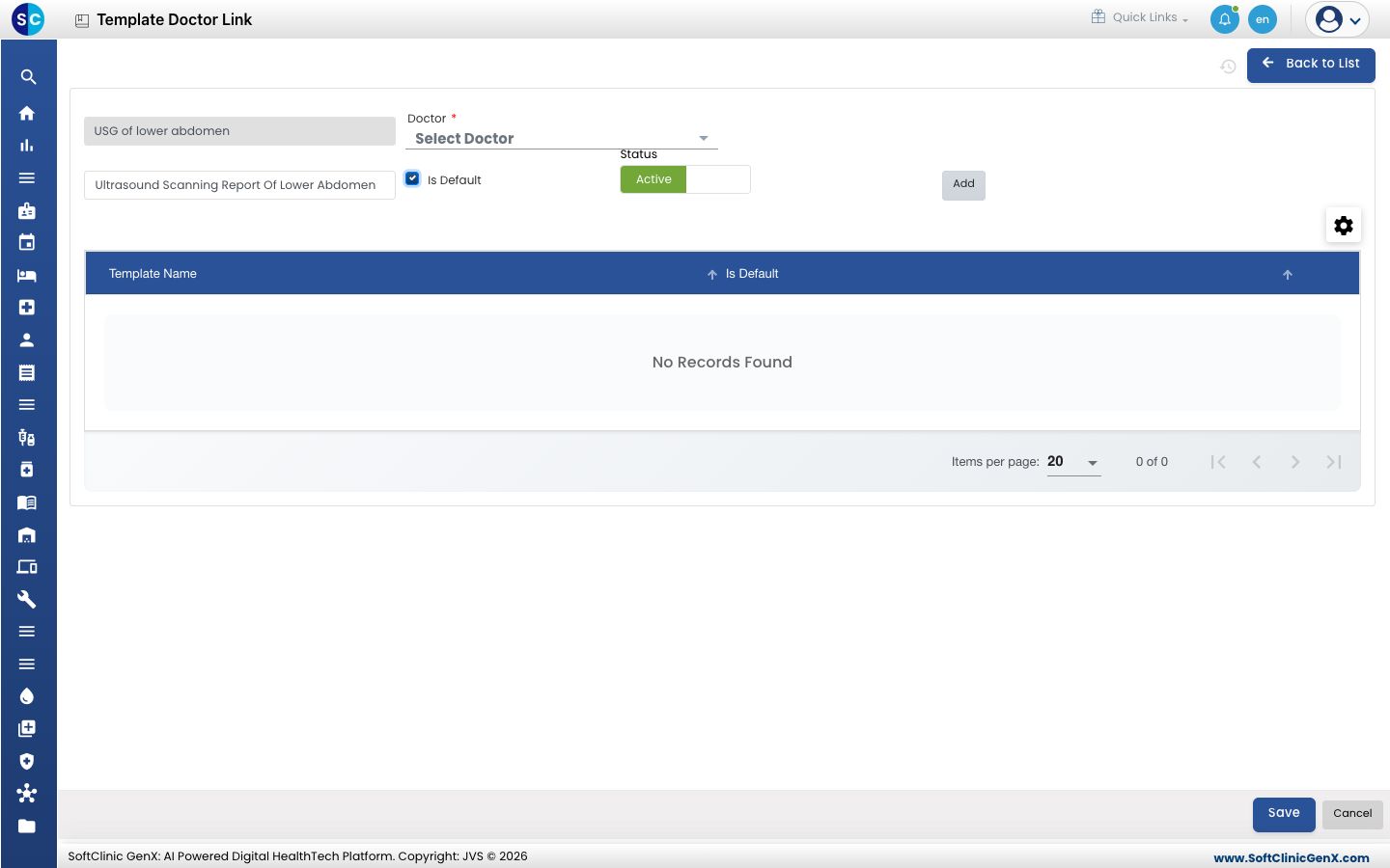 A service and template chosen for a doctor, with Is Default ticked