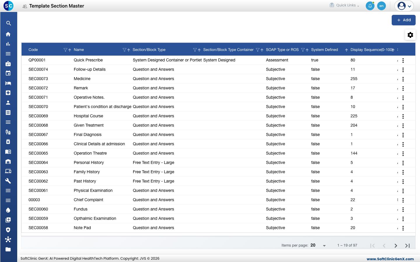 The Template Section list with codes, names, section types and SOAP types