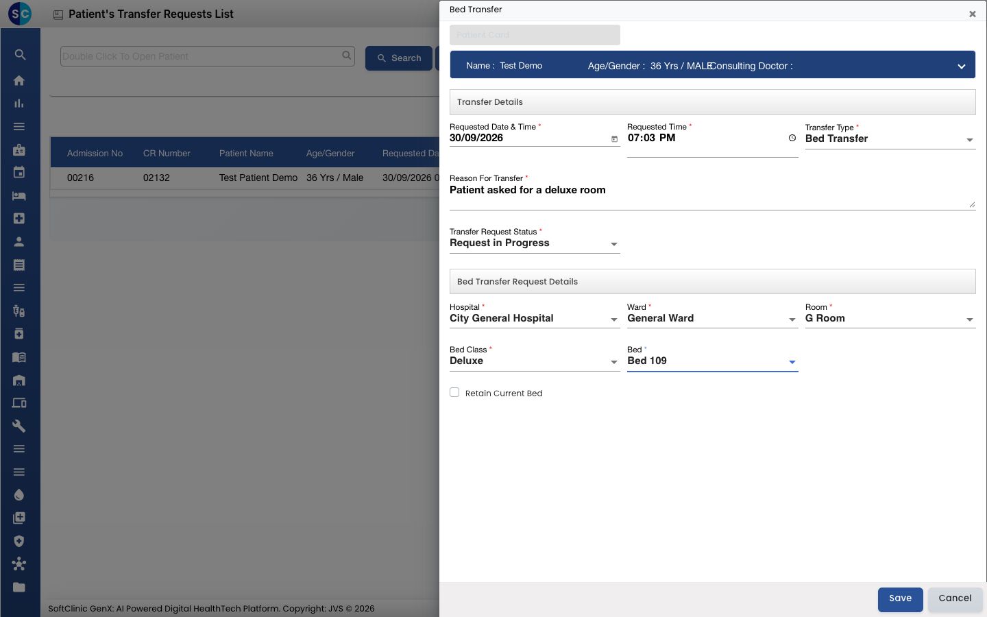 The Bed Transfer form filled in