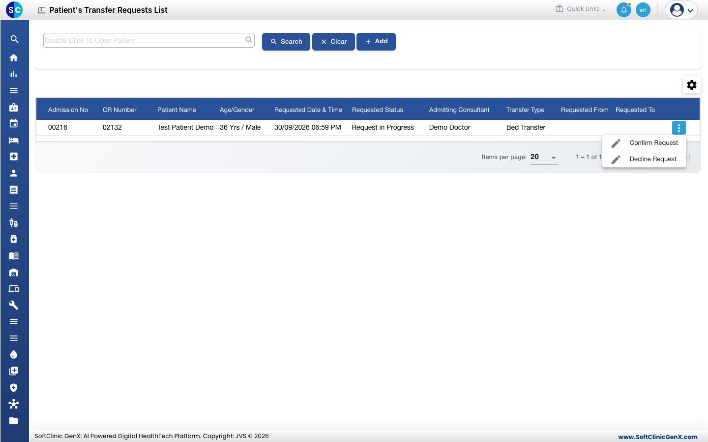 The row menu with Confirm Request