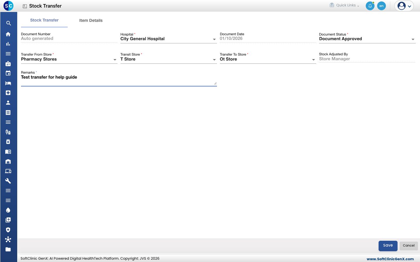 The Stock Transfer tab with the sending, transit and receiving stores chosen