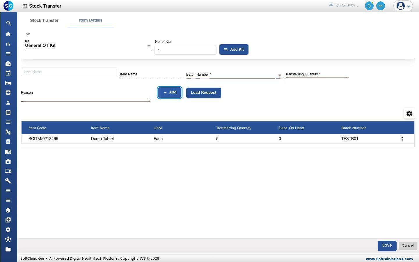 The Item Details tab with one item and batch added to the transfer
