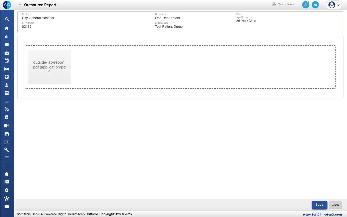 The Outsource Report page with the outside lab's PDF added to the upload box