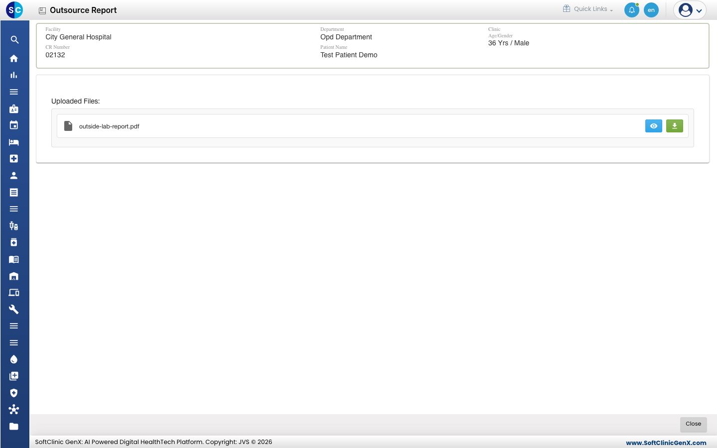 The uploaded report listed under Uploaded Files, with view and download buttons