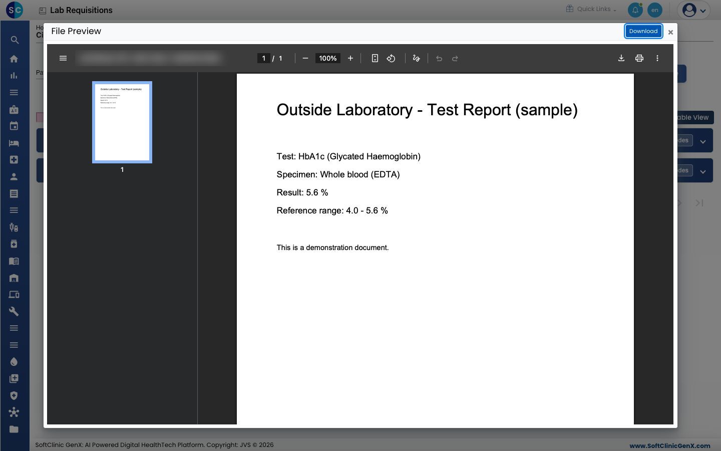 File Preview showing the outside lab's report