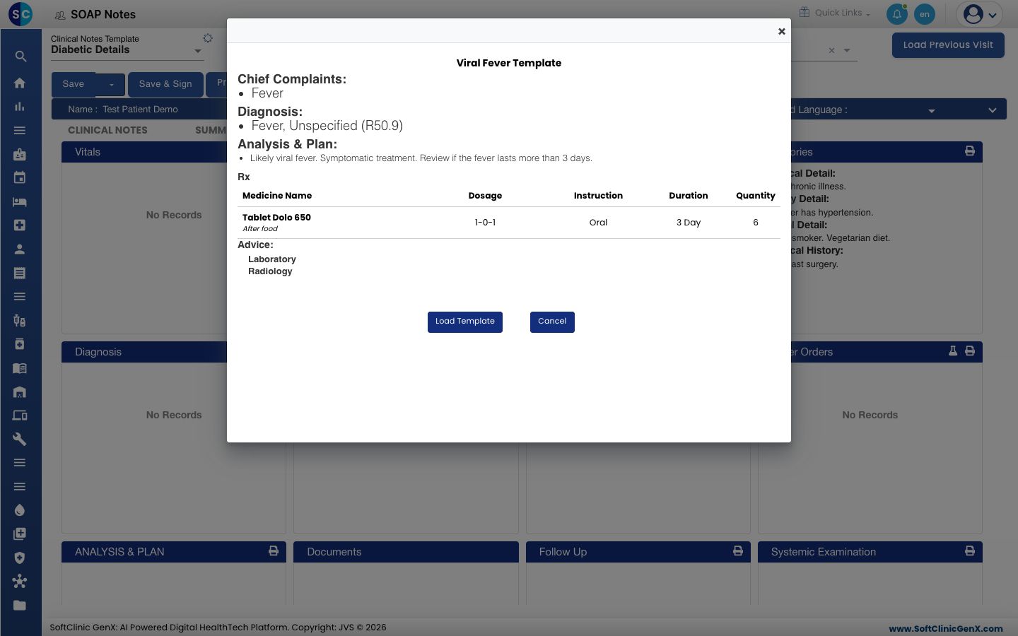 The preview of a saved template with Load Template and Cancel