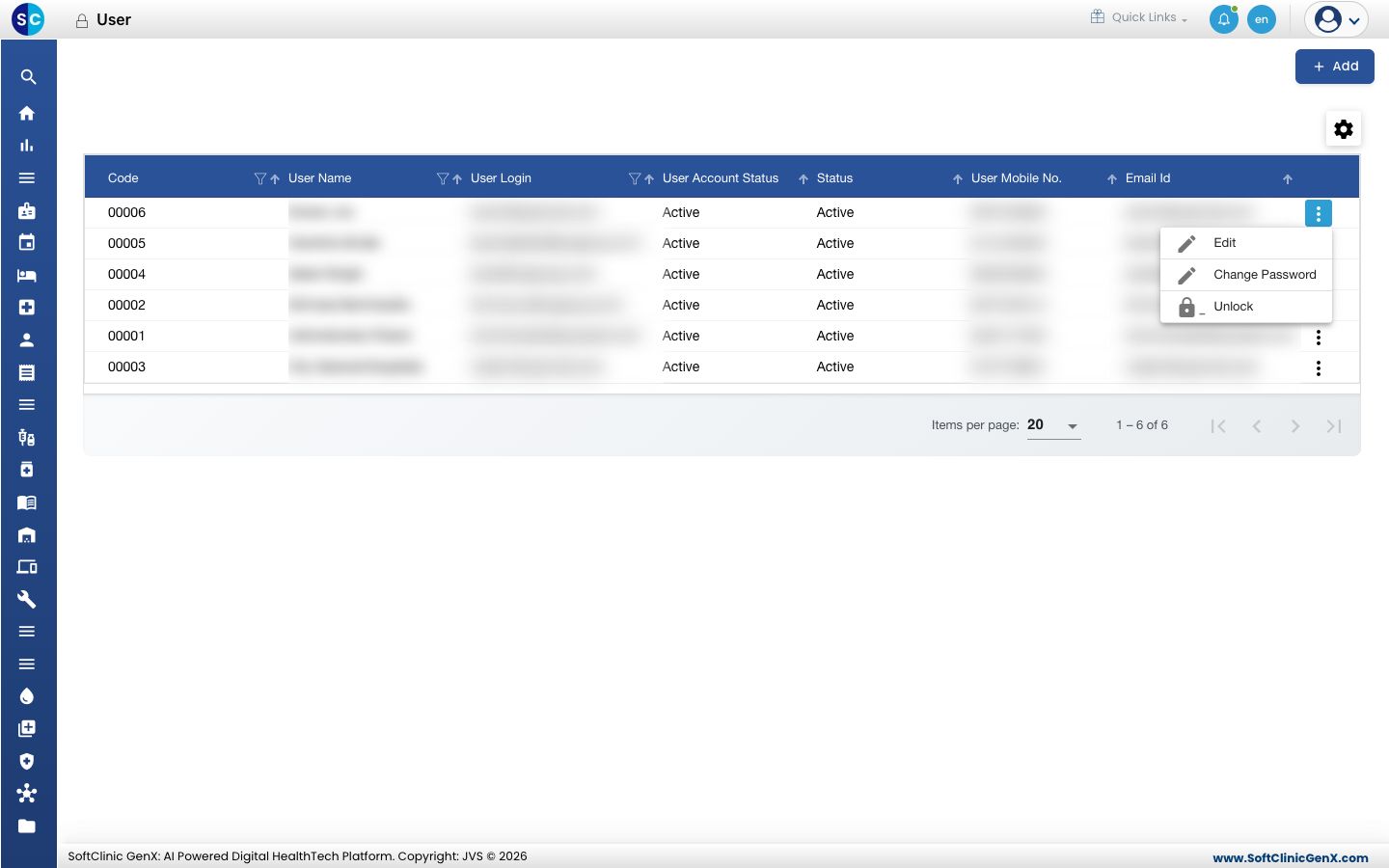The user list with the row menu open