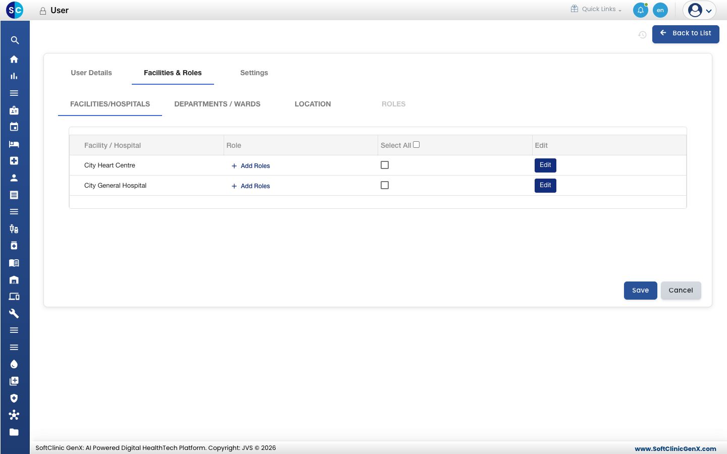 The Facilities & Roles tab