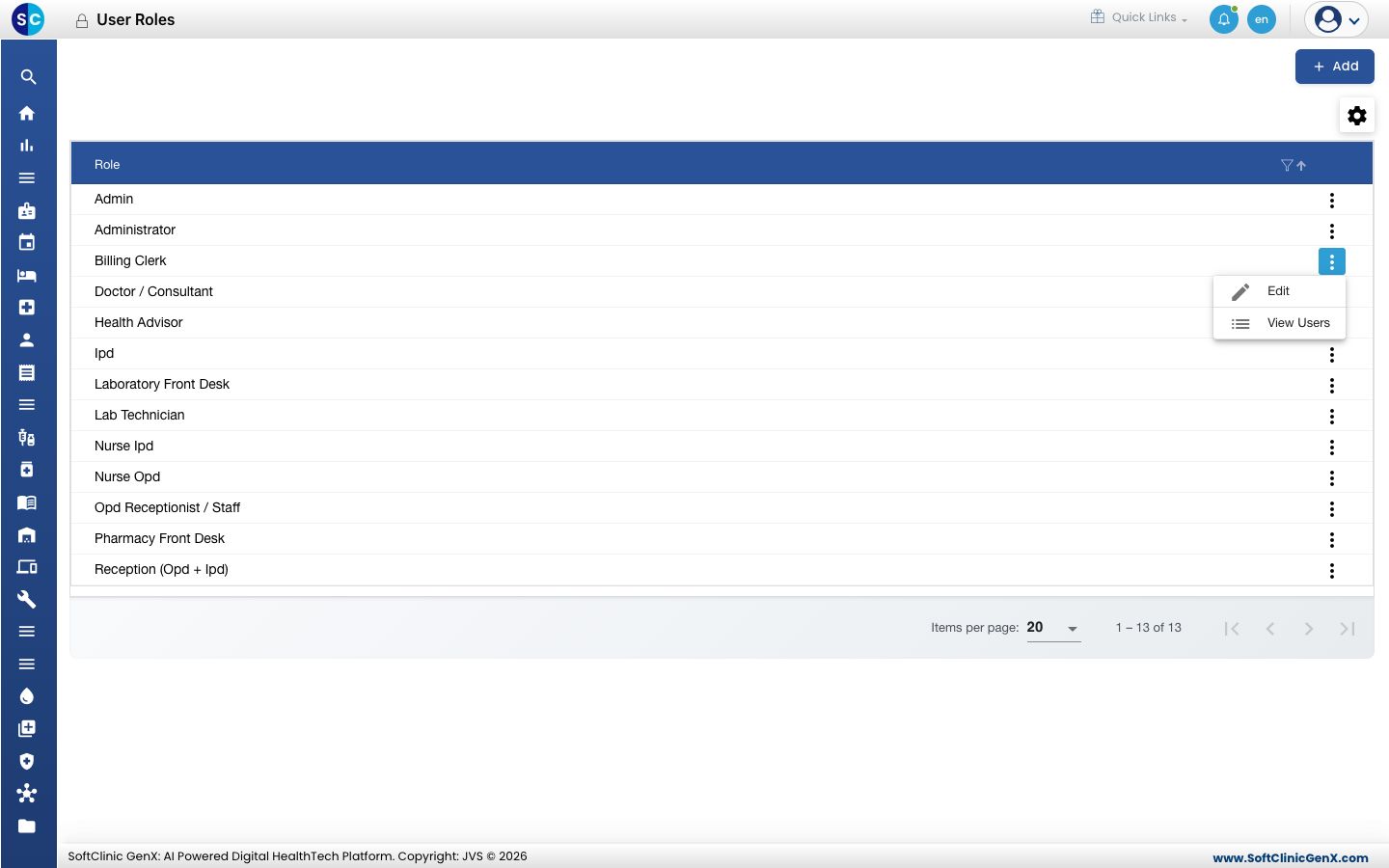 The User Roles list with the row menu open