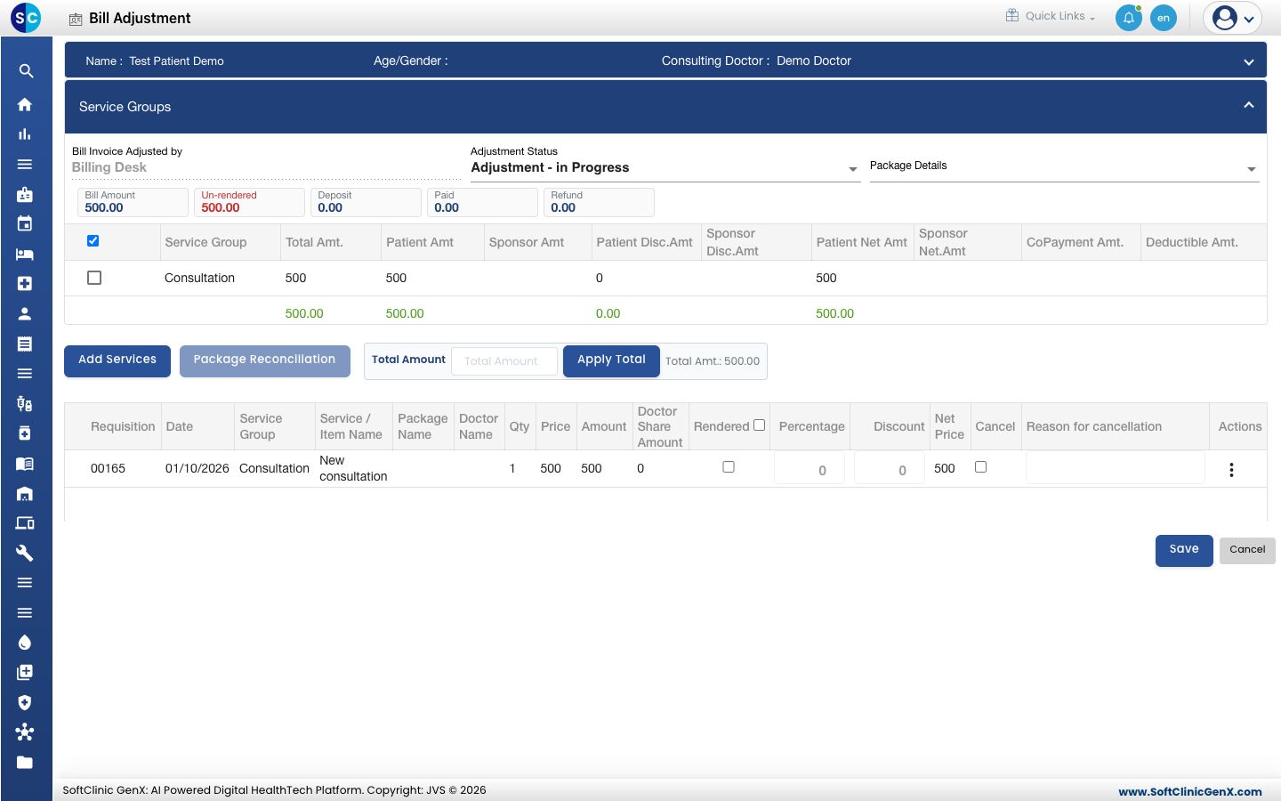 The Bill Adjustment screen with the patient's running bill