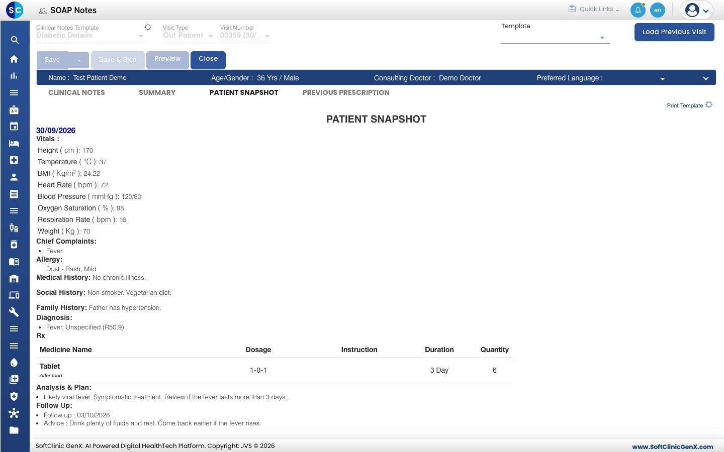 The PATIENT SNAPSHOT tab