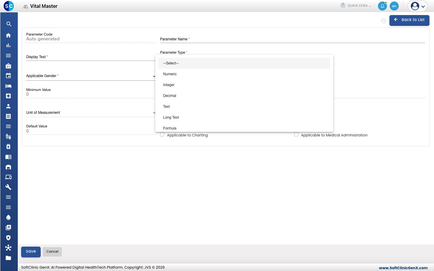 The Parameter Type list open, showing Numeric, Integer, Decimal, Text and more
