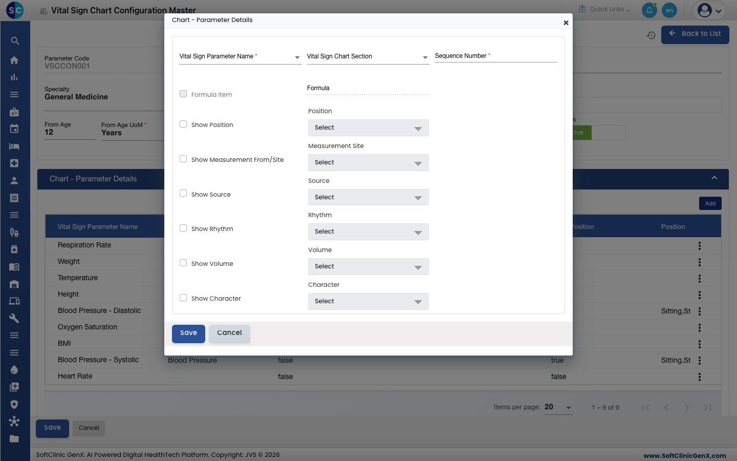The Add reading window with parameter, section, sequence and display options