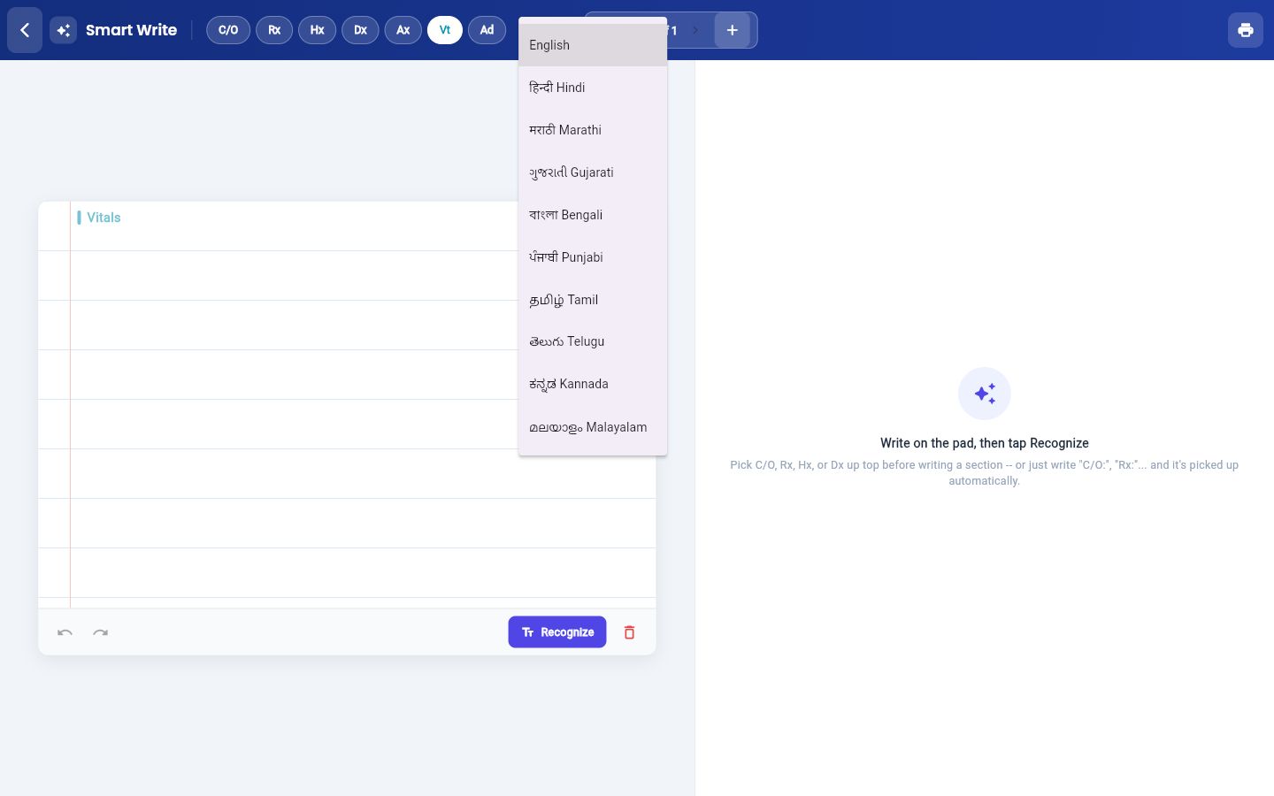 The writing language list on the Smart Write pad