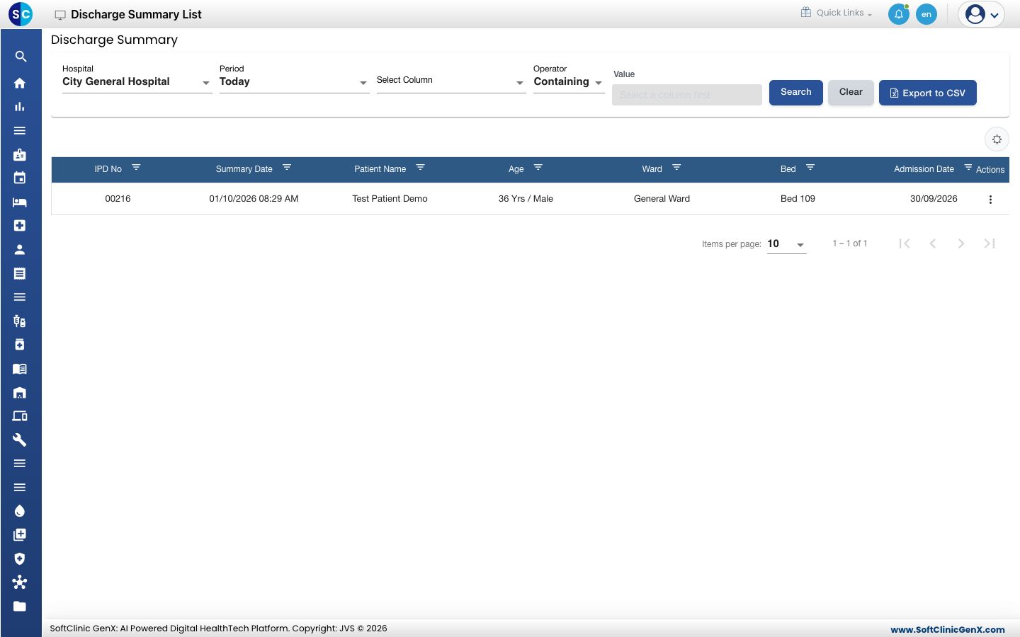 The Discharge Summary List with a draft summary
